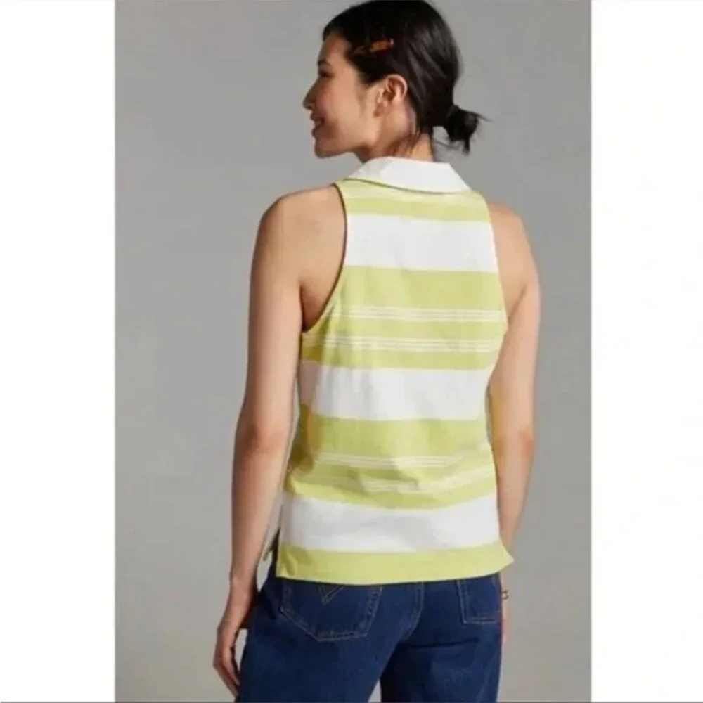 Maeve by Anthropologie Rigby Polo Tank Green White Stripe Sleeveless Size XS - Picture 2 of 6